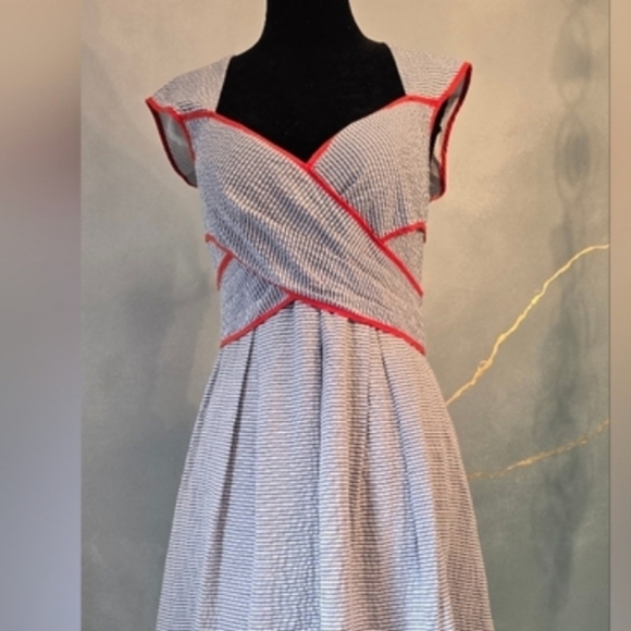 Jessica Simpson Dresses & Skirts - NWOT Seersucker Blue White Striped Dress Sweetheart Neck Cap Sleeve Tie Back S